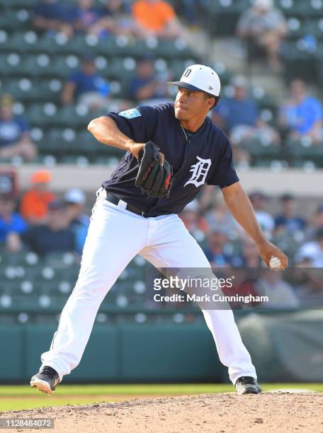 Jose Manuel Fernandez of the Detroit Tigers pitches during the Spring Training game against the Atlanta Braves at Publix Field at Joker Marchant...