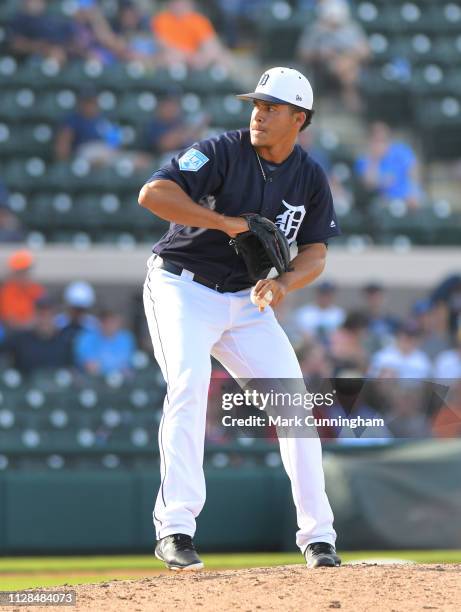 Jose Manuel Fernandez of the Detroit Tigers pitches during the Spring Training game against the Atlanta Braves at Publix Field at Joker Marchant...