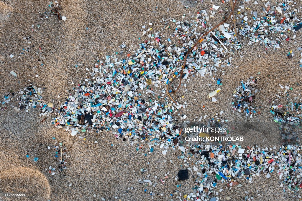 A detail of microplastics along the Schiavonea beach,...