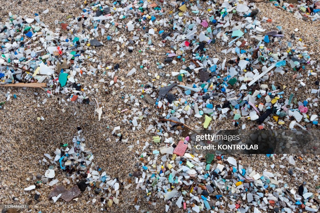 A detail of microplastics along the Schiavonea beach,...