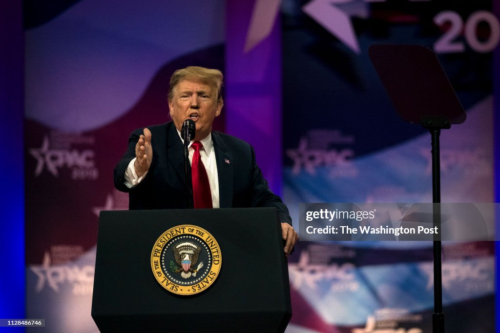 U.S. President Donald Trump speaks at CPAC in National Harbor, Maryland...