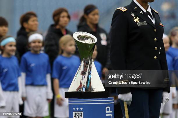 The trophy for is displayed on the field before the She Believes Cup match between Brazil and Japan at Nissan Stadium on March 2nd, 2019 in...