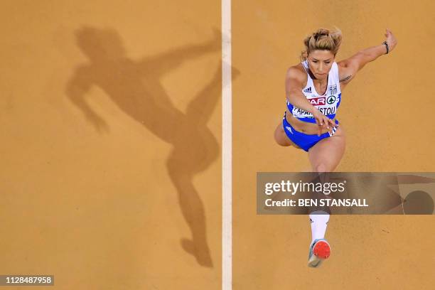 Greece's Paraskevi Papahristou competes in the womens triple jump final at the 2019 European Athletics Indoor Championships in Glasgow on March 3,...