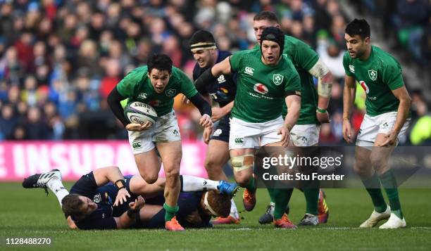 Ireland player Joey Carbery makes a break to set up the third Ireland try during the Guinness Six Nations match between Scotland and Ireland at...