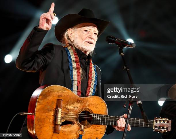 Willie Nelson performs at MusiCares Person of the Year honoring Dolly Parton at Los Angeles Convention Center on February 08, 2019 in Los Angeles,...