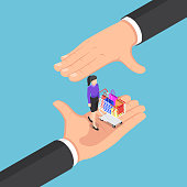 Isometric businessman hands protecting the customer and shopping cart