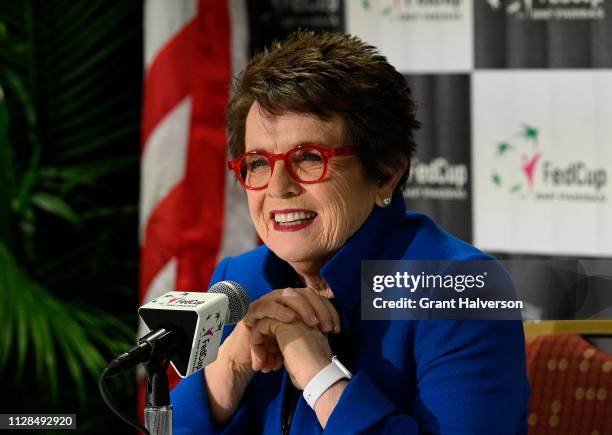 Tennis legend Billie Jean King speaks to the media before a first round 2019 Fed Cup match between the USA and Australia at U.S. Cellular Center on...