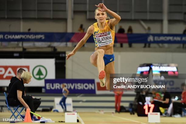 Ukraine's Olha Saladukha competes in the womens triple jump final at the 2019 European Athletics Indoor Championships in Glasgow on March 3, 2019.