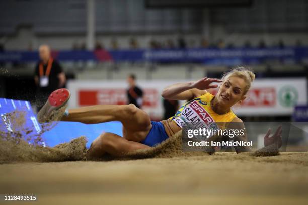 Olha Saladukha of Ukraine in action during the final of the women's triple jump on day three of the 2019 European Athletics Indoor Championships at...