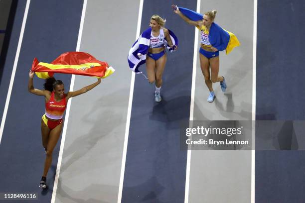 Ana Peleteiro of Spain celebrates winning gold during the final of the women's triple jump on day three of the 2019 European Athletics Indoor...