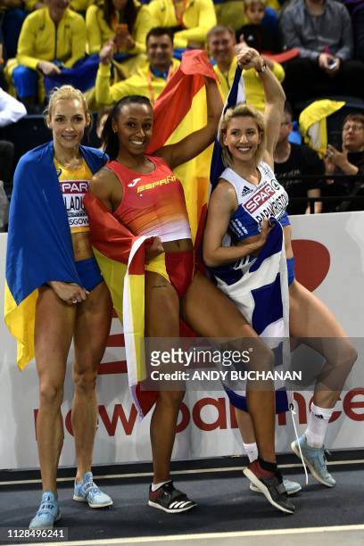 Medallists bronze medallist Ukraine's Olha Saladukha , gold medallist Spain's Ana Peleteiro and silver medallist Greece's Paraskevi Papahristou pose...