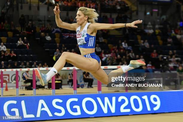 Greece's Paraskevi Papahristou competes in the womens triple jump final at the 2019 European Athletics Indoor Championships in Glasgow on March 3,...