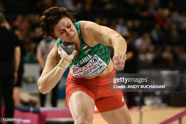 Bulgaria's Radoslava Mavrodieva competes in the womens shot put final at the 2019 European Athletics Indoor Championships in Glasgow on March 3, 2019.