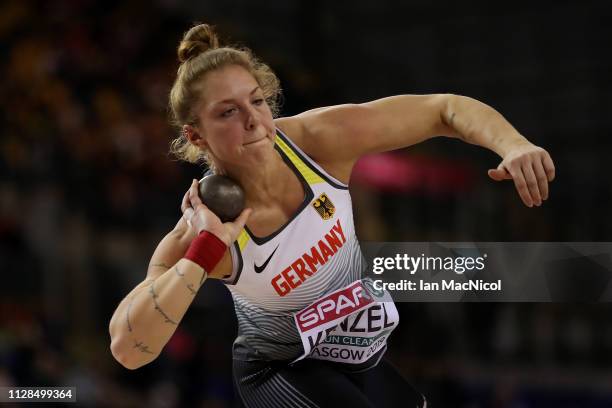 Alina Kenzel of Germany in action during the final of the women's shot put on day three of the 2019 European Athletics Indoor Championships at...