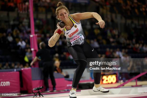 Alina Kenzel of Germany in action during the final of the women's shot put on day three of the 2019 European Athletics Indoor Championships at...