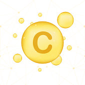 Vitamin C gold shining icon. Ascorbic acid. Vector illustration