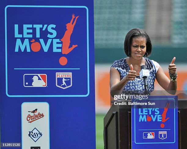 First lady Michelle Obama talks about her Let's Move! campaign to fight childhood obesity at Oriole Park at Camden Yards on Tuesday, July 20, 2010 in...