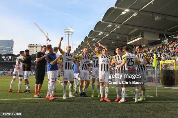 March 03: Celebrations Gernot Trauner, Peter Michorl, James Holland of LASK during the tipico Bundesliga match between SK Sturm Graz and LASK Linz at...