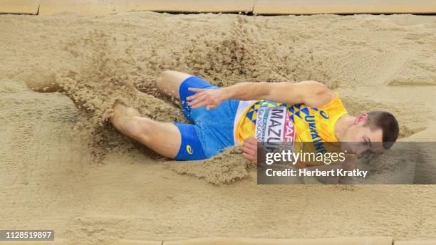 Vladyslav Mazur of the Ukraine competes in the men's long jump event on March 3, 2019 in Glasgow, United Kingdom.