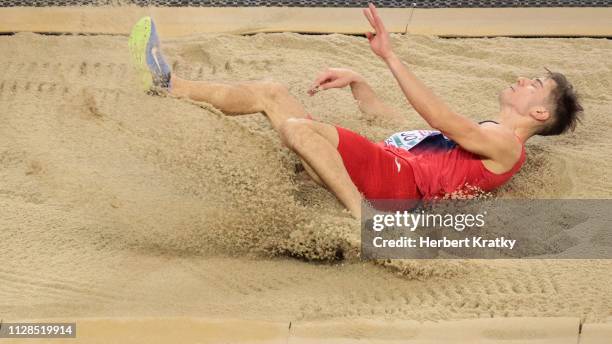 Strahinja Jovancevic of Serbia competes in the men's long jump event on March 3, 2019 in Glasgow, United Kingdom.