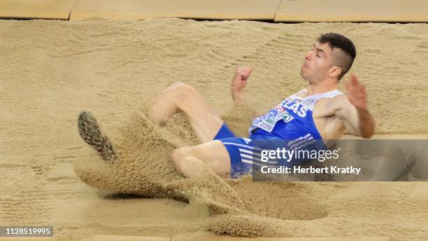 Miltiadis Tentoglou of Greece competes in the men's long jump event on March 3, 2019 in Glasgow, United Kingdom.
