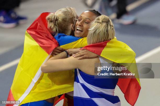 Olha Saladukha of the Ukraine, Ana Peleteiro of Spain and Paraskevi Paphristou of Greece compete in the women's triple jump event on March 3, 2019 in...