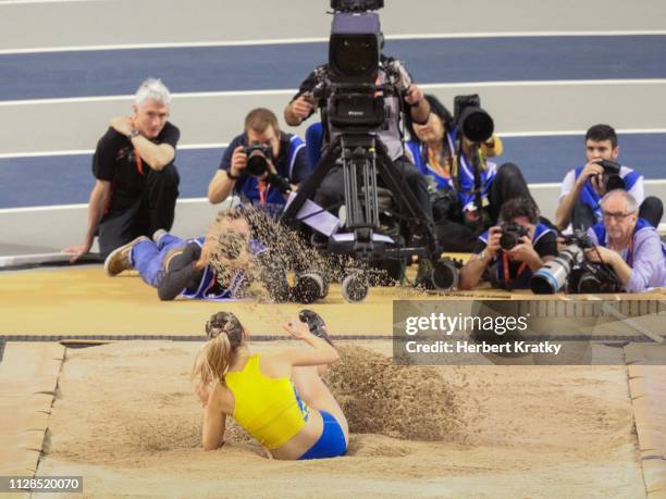 Hanna Krasutska of the Ukraine competes in the women's triple jump event on March 3, 2019 in Glasgow, United Kingdom.