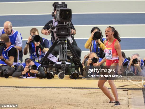 Ana Peleteiro of Spain competes in the women's triple jump event on March 3, 2019 in Glasgow, United Kingdom.
