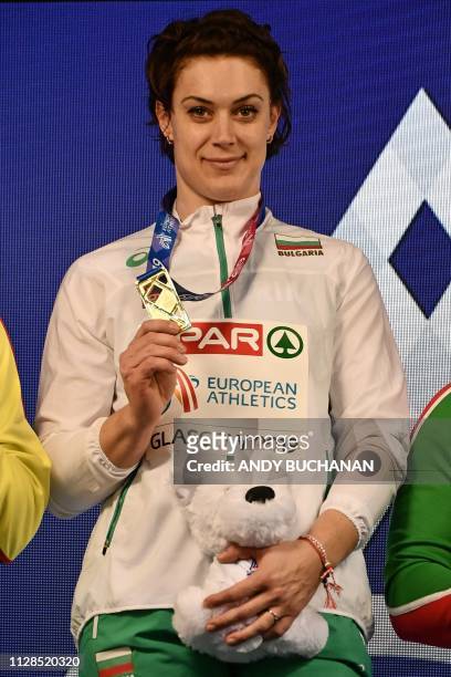 Gold medallist Bulgaria's Radoslava Mavrodieva poses with her medal during the medal presentation ceremony for the womens shot put final at the 2019...