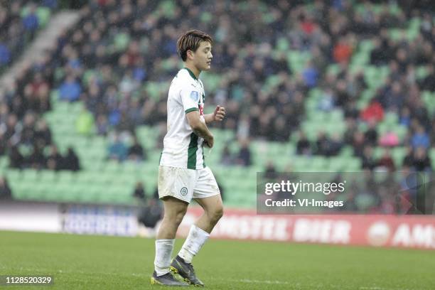 Ritsu Doan of FC Groningen rode kaart during the Dutch Eredivisie match between FC Groningen and VVV Venlo at Hitachi Capital Mobility stadium on...