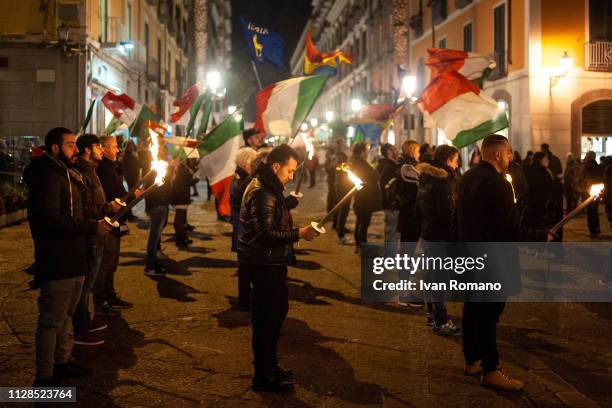 Militants of the party of extreme right CasaPound in the square to commemorate the Italian victims of foibe on February 09, 2019 in Salerno, Italy....