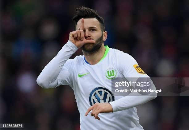 Renato Steffen of Wolfsburg celebrates during the Bundesliga match between Sport-Club Freiburg and VfL Wolfsburg at Schwarzwald-Stadion on February...