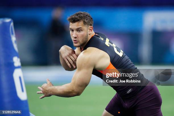 Defensive lineman Nick Bosa of Ohio State works out during day four of the NFL Combine at Lucas Oil Stadium on March 3, 2019 in Indianapolis, Indiana.