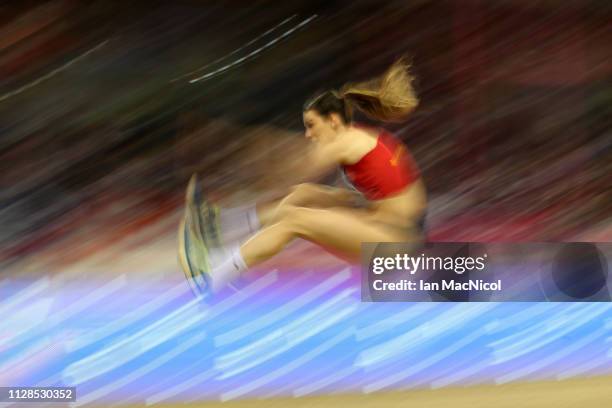 Ivana Spanovic of Serbia in action during the final of the women's long jump on day three of the 2019 European Athletics Indoor Championships at...
