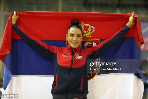 Ivana Spanovic of Serbia celebrates winning gold the final of the women's long jump on day three of the 2019 European Athletics Indoor Championships...