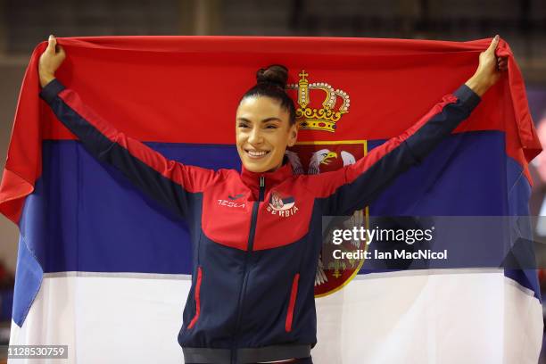 Ivana Spanovic of Serbia celebrates winning gold the final of the women's long jump on day three of the 2019 European Athletics Indoor Championships...