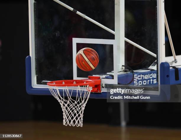 General view of the match ball and the net during the British Basketball League match between London Lions and Manchester Giants at The Copper Box...