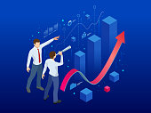 Isometric affiliate business, business perspective concept. Businessman looking to the future for new business opportunity. Analysis and Strategy on a conceptual application for promotion contacts.