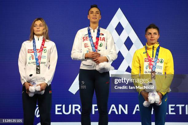 Nastassia Mironchyk-Ivanova of Belarus, Ivana Spanovic of Serbia and Maryna Bekh-Romanchuk of Ukraine with their medals during the medal ceremony for...