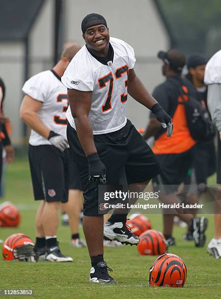 Cincinnati Bengals offensive guard Anthony Collins warms up on opening day of the Bengal's fall training camp at the Toyota Stadium in Georgetown,...