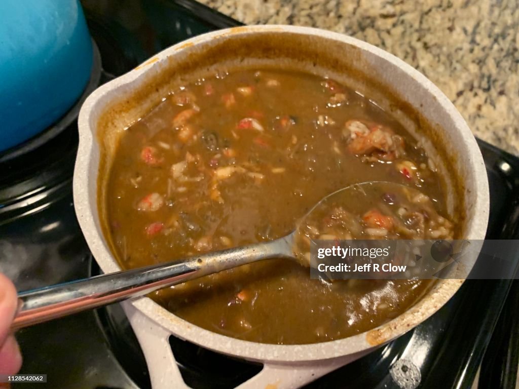 Homemade seafood gumbo on the stove