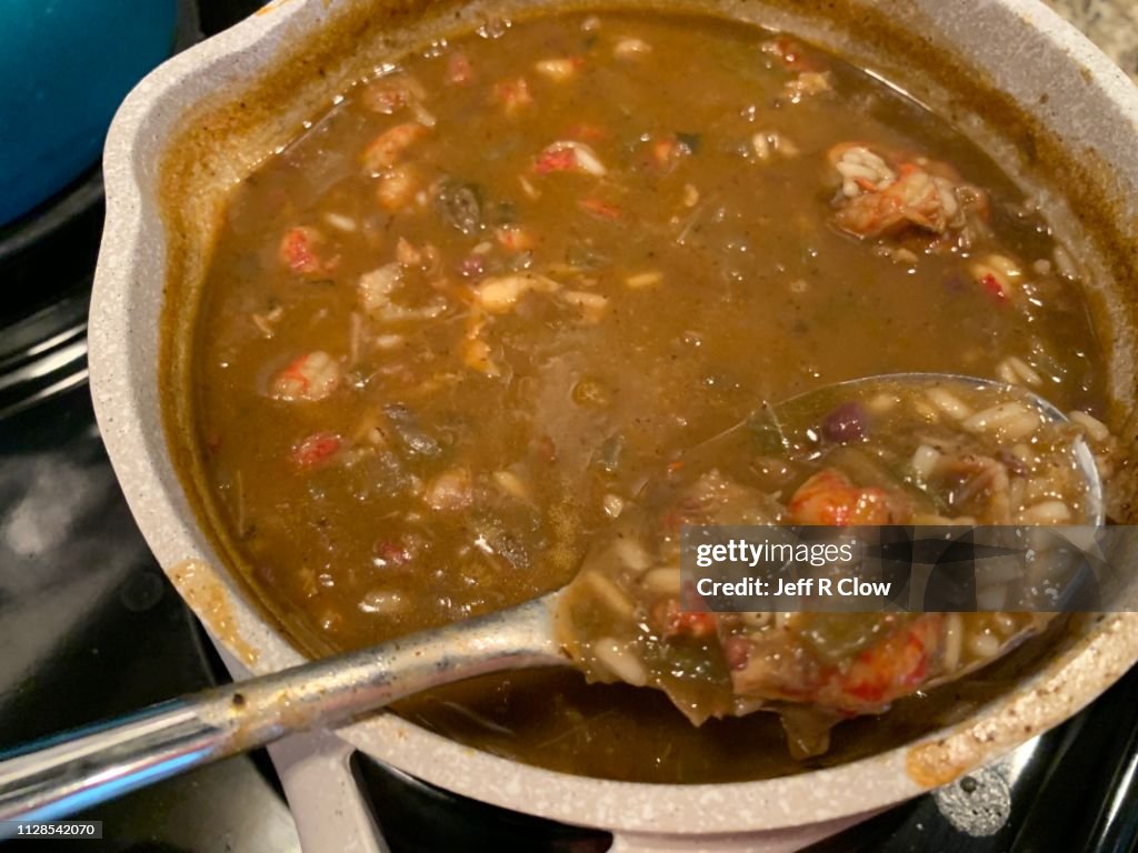 Homemade seafood gumbo on the stove Too
