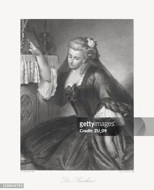greek woman, fictional character from the ghost-seer by friedrich schiller - black dress stock illustrations
