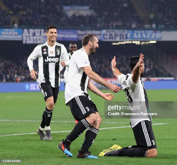 Cristiano Ronaldo, Giorgio Chiellini and Emre Can celebrate the 0-2 goal scored by Emre Can during the Serie A match between SSC Napoli and Juventus...
