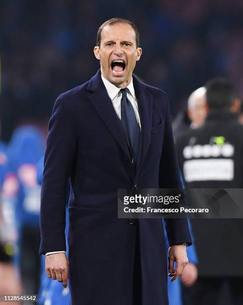Massimiliano Allegri coach of Juventus gestures during the Serie A match between SSC Napoli and Juventus at Stadio San Paolo on March 3, 2019 in...
