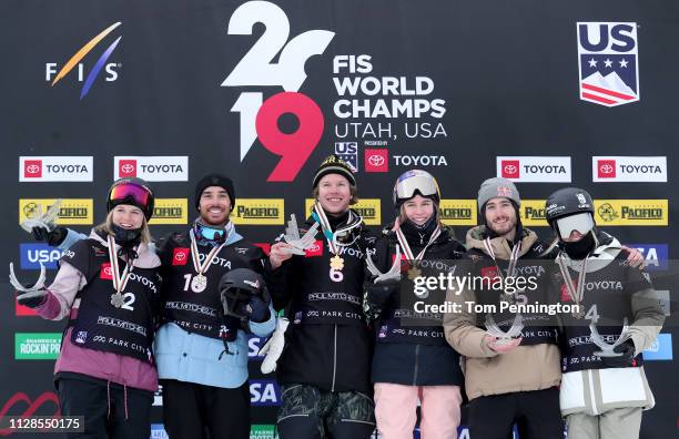 Cassie Sharpe of Canada in second place, Kevin Rolland of France in second place, Aaron Blunck of the United States in first place, Kelly Sildaru of...