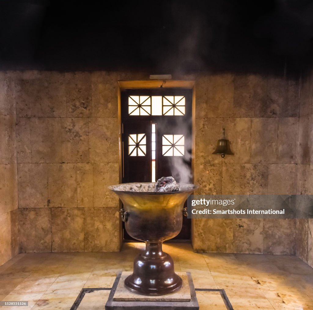 Sacred Eternal Flame at the Zoroastrian Fire Temple of Yazd ("Yazd Atash Behram" or ("Atashkadeh-e Yazd"), Iran, said to have been burning continuously since AD 470