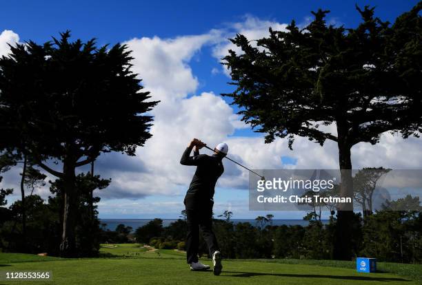 Lucas Glover of the United States plays his shot from the first tee during the second round of the AT&T Pebble Beach Pro-Am at Monterey Peninsula...