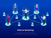 Isometric Referral marketing, network marketing, referral program strategy, referring friends, business partnership, affiliate marketing concept.