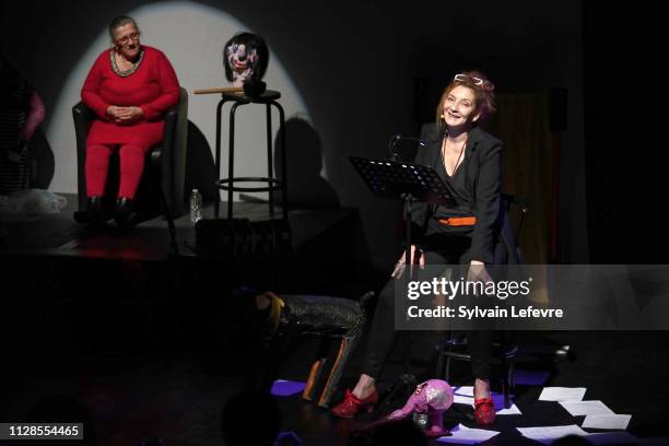 Adolpha van Meerhaeghe and Corinne Masiero perform during "La vie bien renger d'Adolpha" at Charcot theater on February 09, 2019 in Marcq-en-Baroeul,...